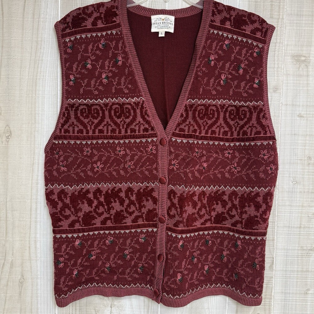 Vtg Susan‎ Bristol Red Embroidered Beaded Sweater Vest Womens Cottage Core L